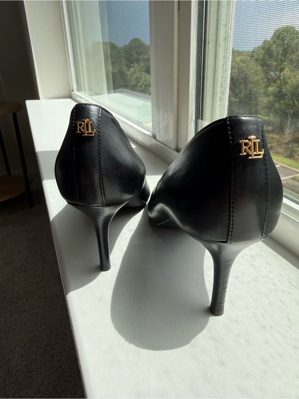 Ralph Lauren Black Leather Stiletto Pumps with Gold RL Accent